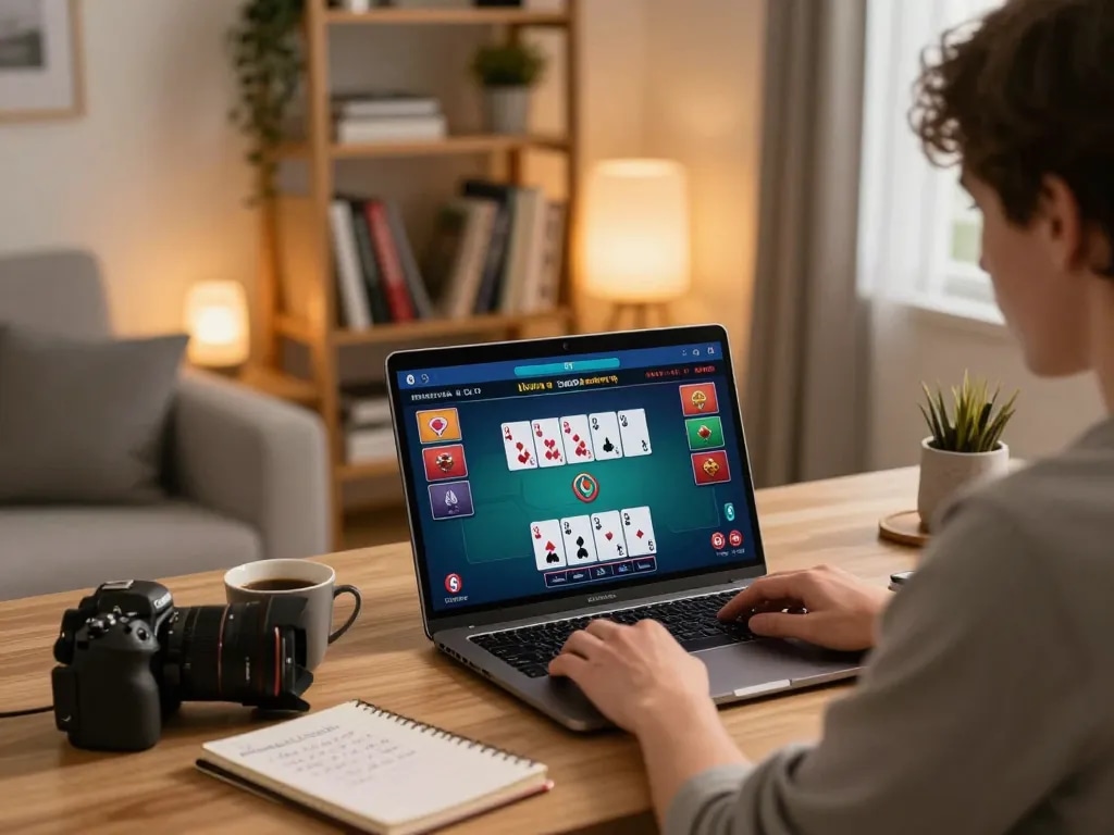 Engaging in online poker strategies on sunwin from a cozy home office setup with a stylish atmosphere.