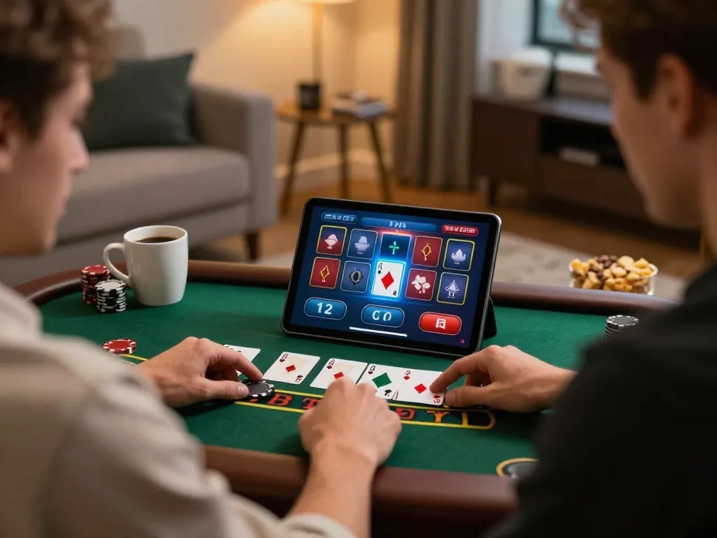 rokok88 player engaging with live blackjack on tablet in a cozy home setting