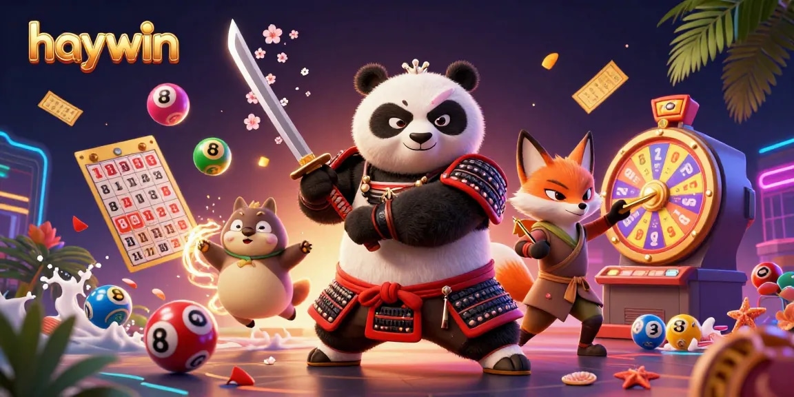 Experience excitement with haywin's vibrant gaming scene featuring animated characters, golden tickets, and dynamic elements.