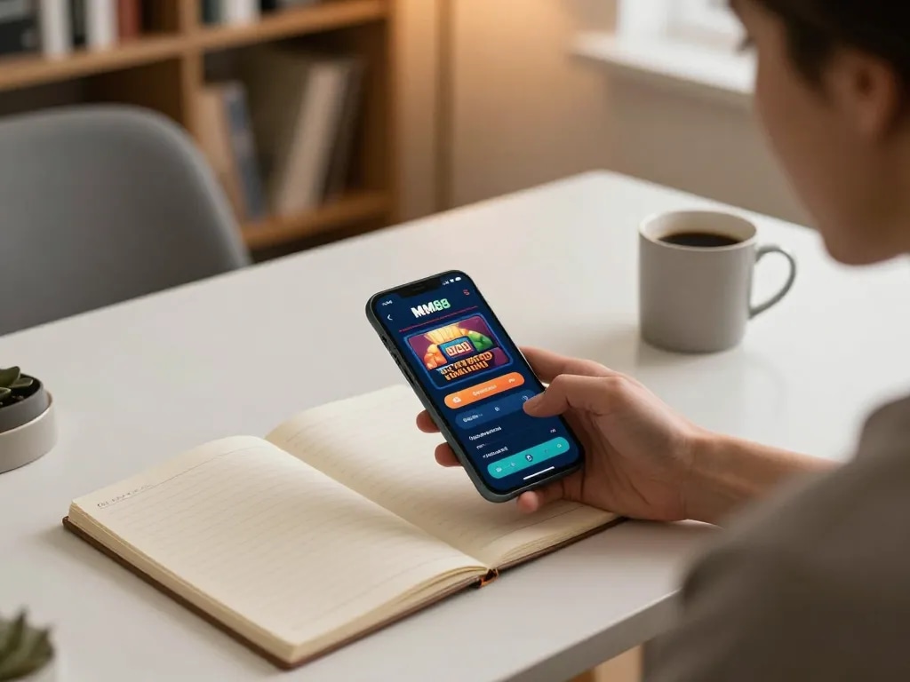 Player engaging with MM88 mobile casino app while strategizing at home.