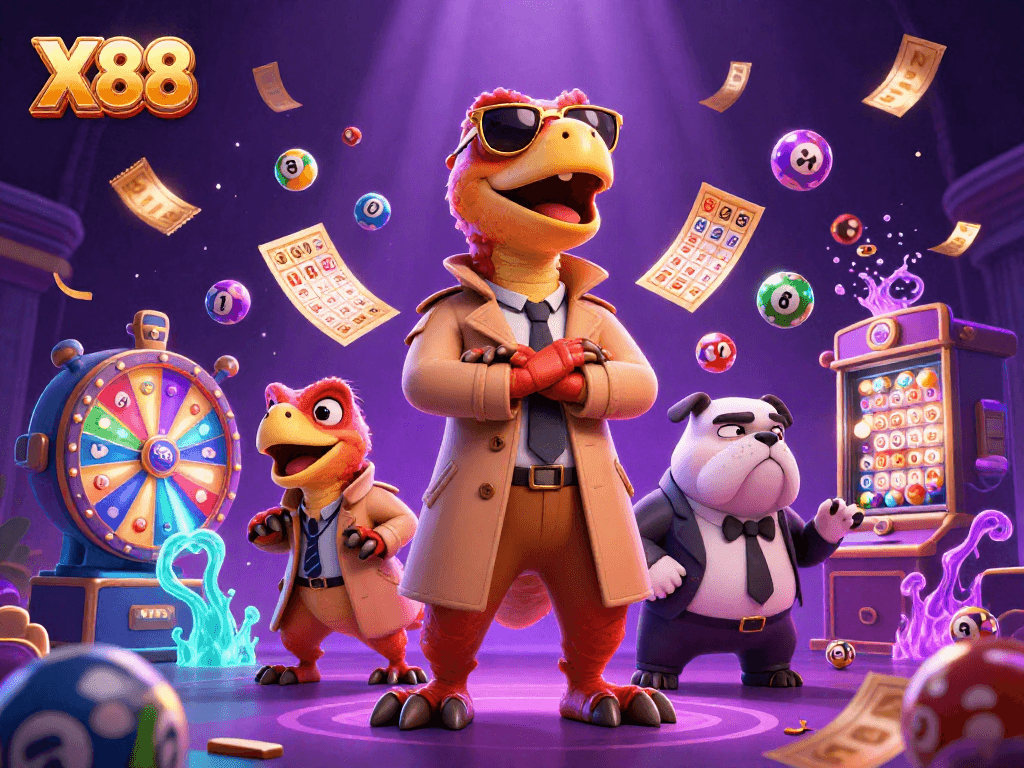 X88 offers thrilling lottery action with raptors and a bulldog guarding the casino entrance.