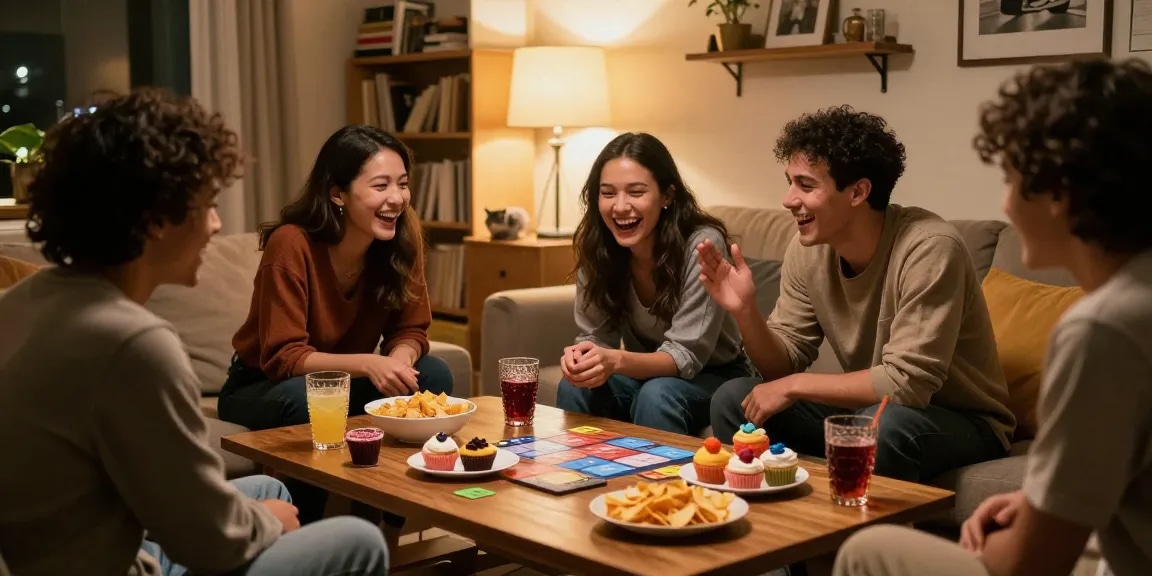A cozy gathering with friends discussing snapwins telegram while enjoying snacks and drinks in a warm home setting.
