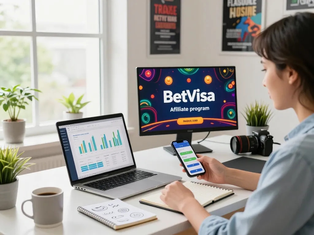 Engaged marketer promoting BetVisa affiliate program in a vibrant home office workspace.