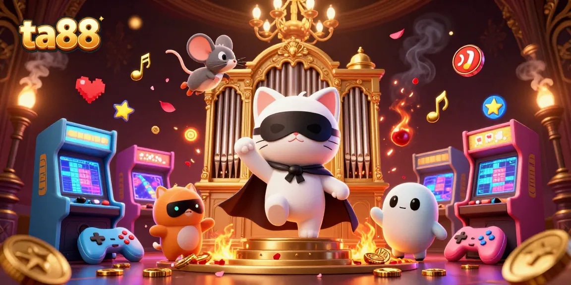 Engage in the lively world of ta88 at a casino, featuring an acrobatic mouse and a phantom cat.