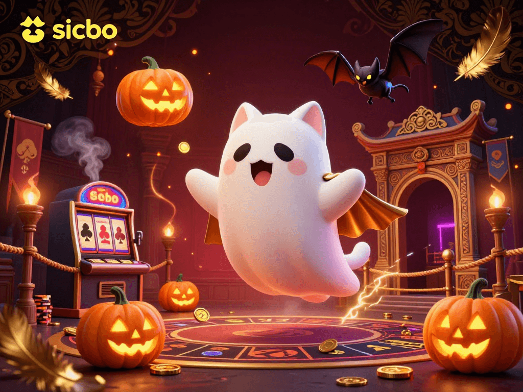 Experience the excitement of sicbo in a vibrant haunted casino scene featuring a ghost cat and vampire bat.