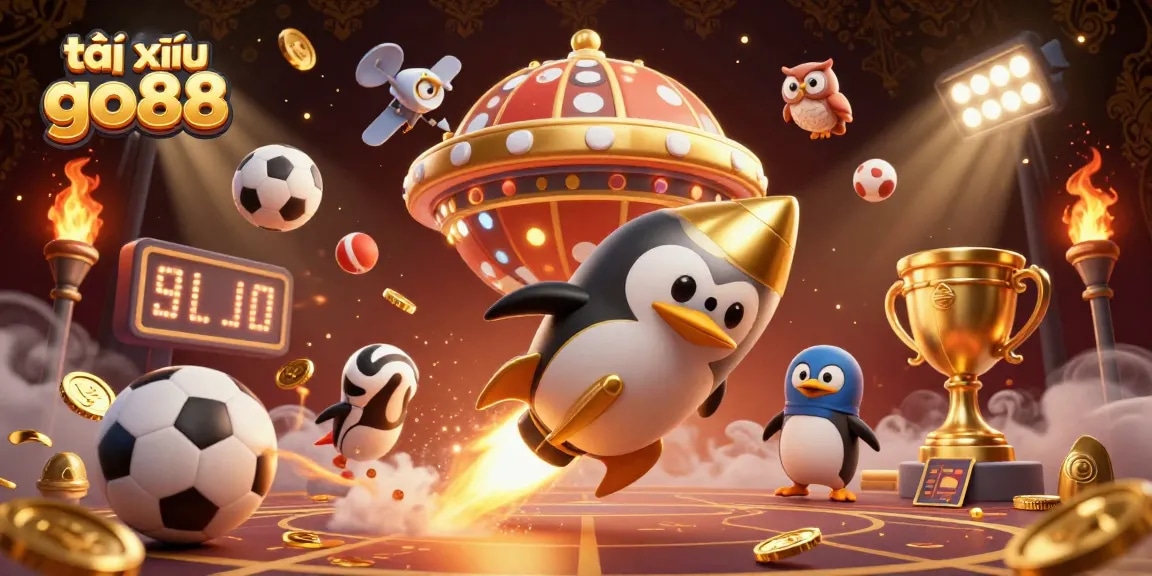 Tài xỉu go88 showcases dynamic gaming action with a vibrant penguin rocket, sports elements, and a casino backdrop