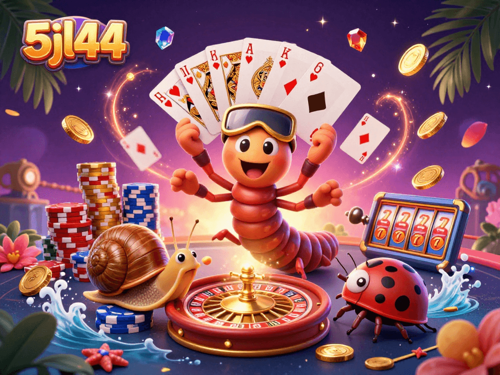 Engage with 5jl44 at the vibrant casino illustrated scene filled with animated characters and game elements.
