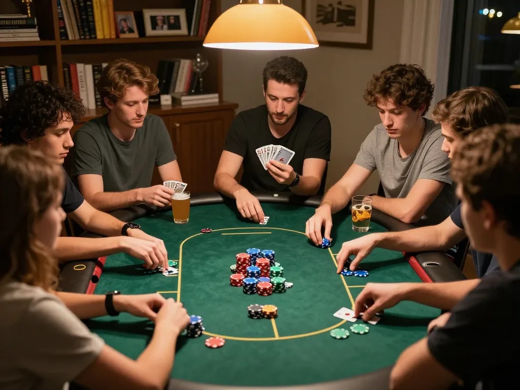 Engaging poker game night with friends at home showcasing camaraderie around the table, hidobasketgoztepe players analyzing their cards.
