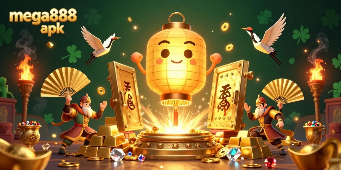 Experience the thrilling excitement of mega888 apk with a vibrant casino illustration depicting golden treasures and lucky symbols.