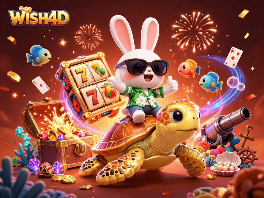 WISH4D brings excitement with a lucky rabbit and golden sea turtle in a vibrant casino-themed ocean scene.