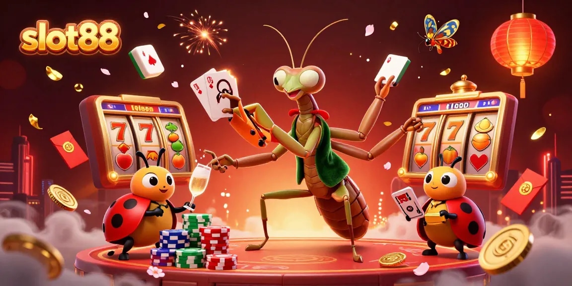Play engaging and dynamic slot88 games with vibrant characters and exciting elements in a colorful casino scene.