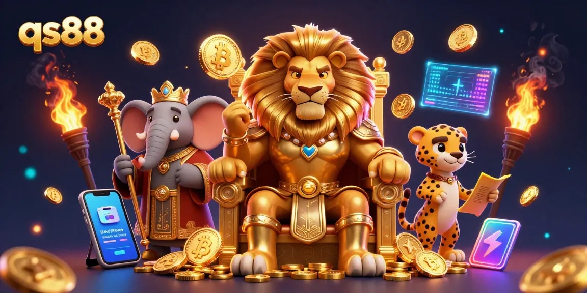 Experience excitement at qs88 with a fierce lion king, elephant advisor, and cheetah messenger in a vibrant casino scene.