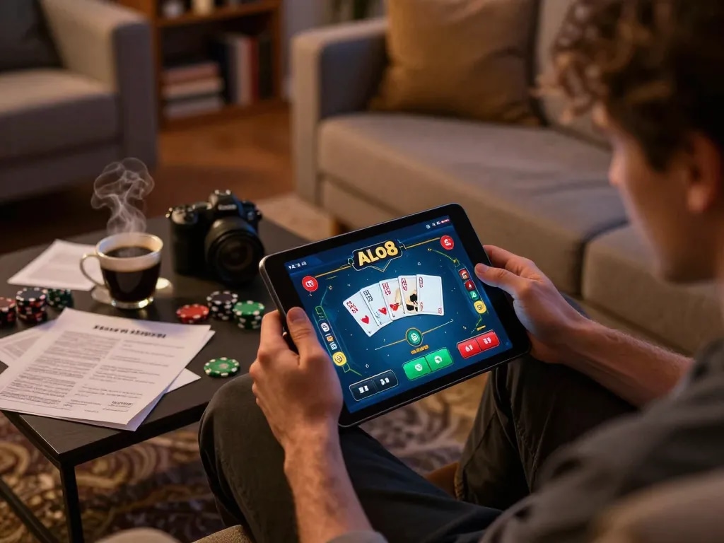 Engaging poker gameplay on ALO8 app, showcasing a player strategizing with notes and coffee