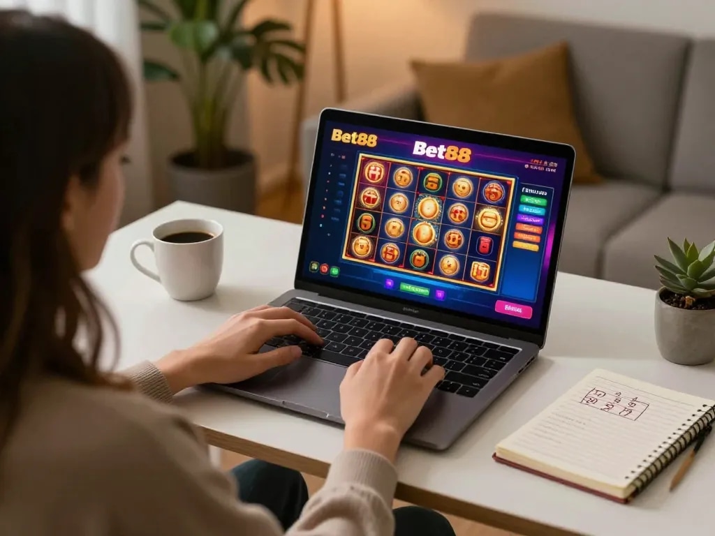 Person enjoying Bet88 online gaming session on laptop in a cozy home setting