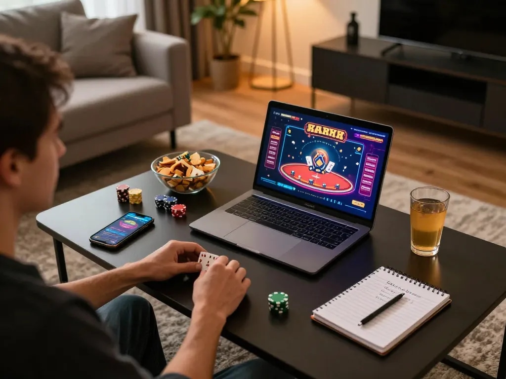 Engaged in online gaming at home with sunwin, showcasing a cozy, strategic setup for poker play.