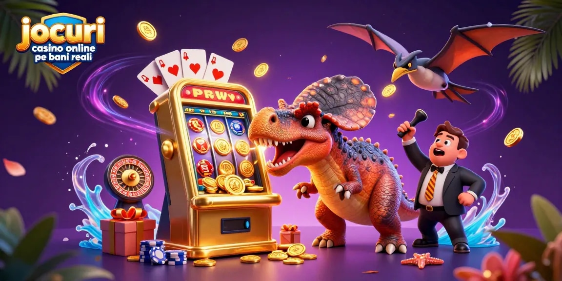 Joacă jocuri casino online pe bani reali și câștigă jackpoturi în această ilustrație dinamică.