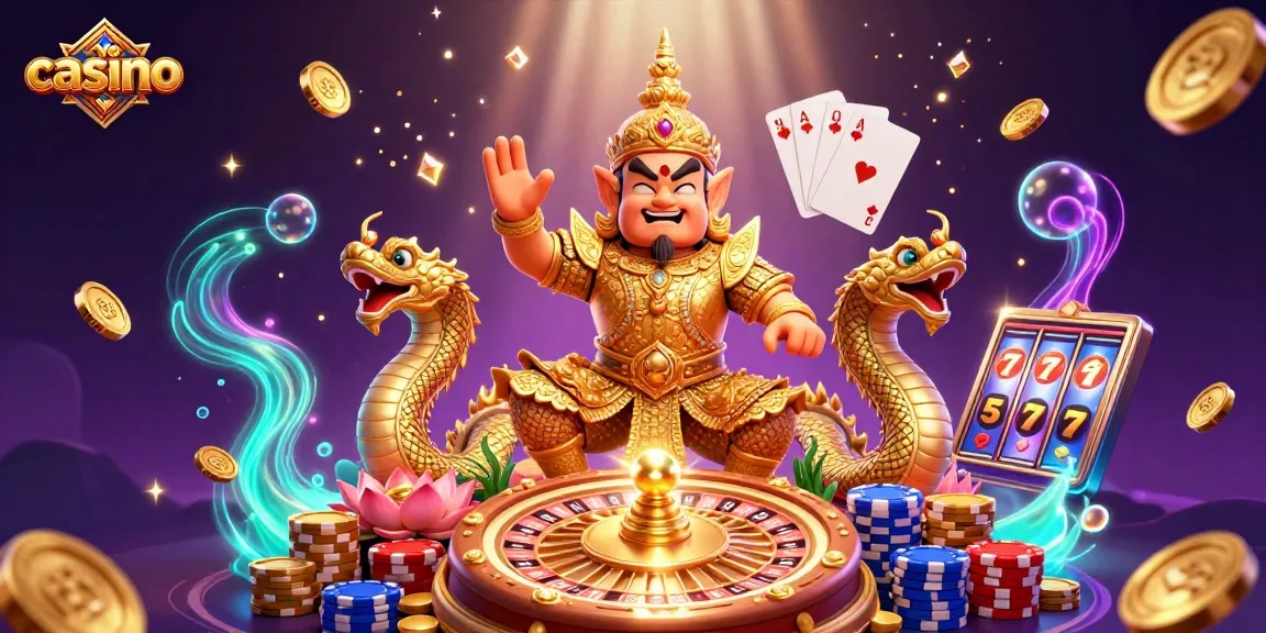 Engage in casino excitement with a vibrant 3D scene featuring a Thai guardian and dazzling game elements.