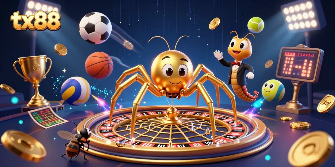 Experience thrilling bets at tx88 with a golden spider spinning a roulette web and dynamic sports elements.