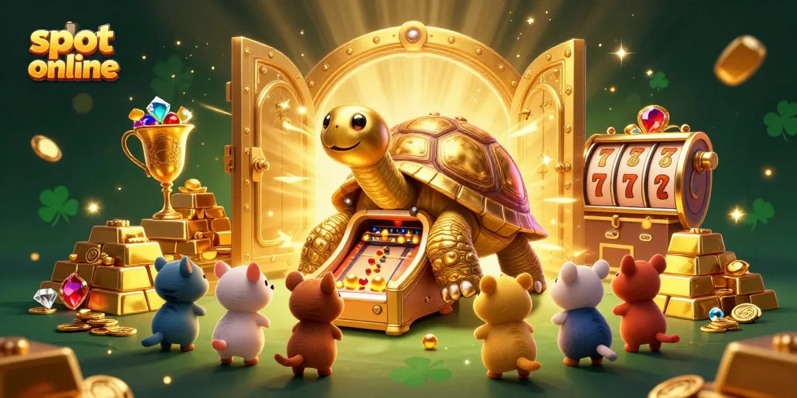 Spin the slot online reels with a cartoon tortoise and playful animals in a rich casino scene.