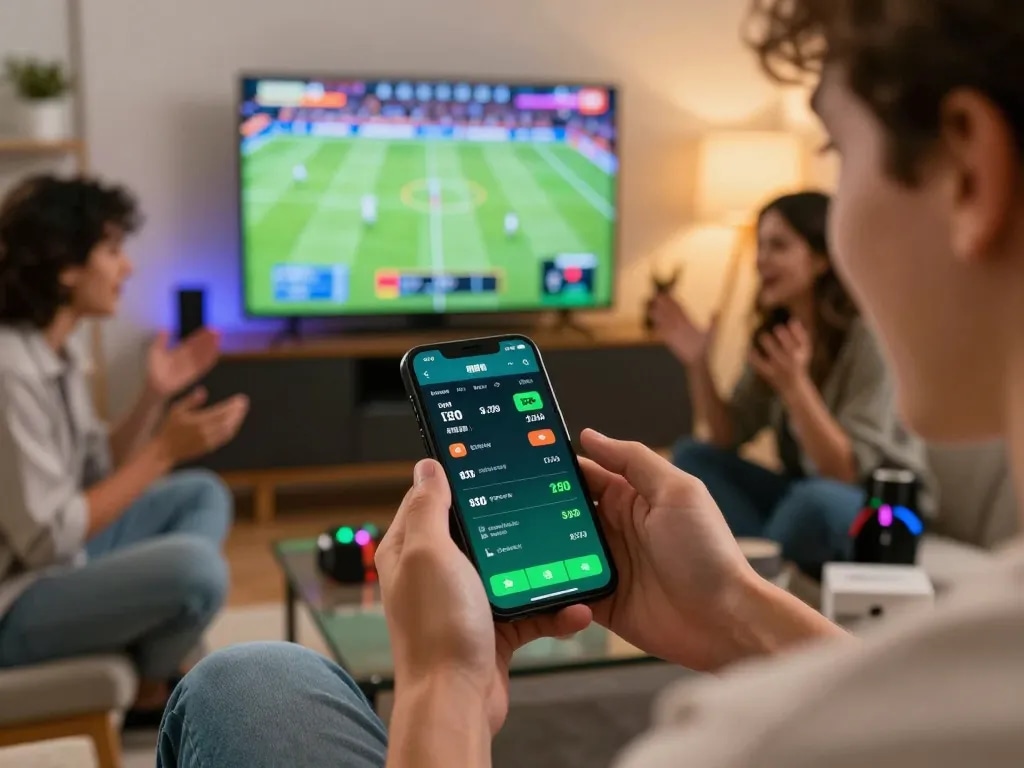 33win user engaging in live sports betting on smartphone, surrounded by friends in an inviting home atmosphere