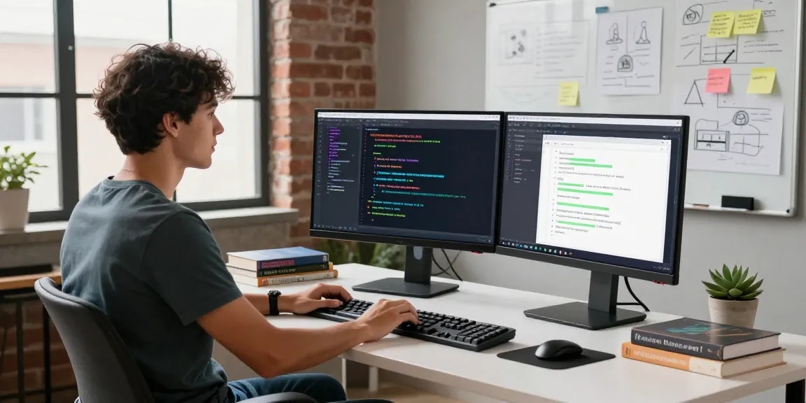 Build internal tools with AI in a vibrant modern workspace showcasing a developer coding.