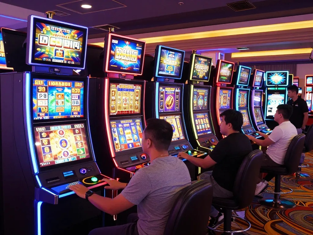 Players enjoying a dynamic SLOT experience at colorful slot machines in a vibrant casino atmosphere.