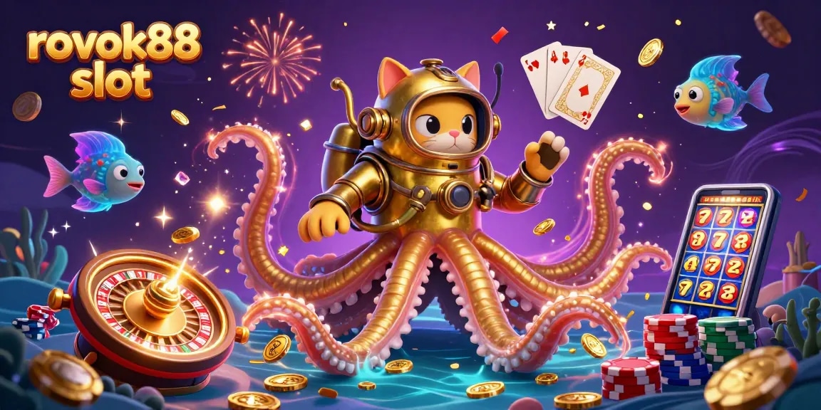 Experience rokok88 slot with a vibrant scene featuring a kraken and treasure amidst animated casino elements.