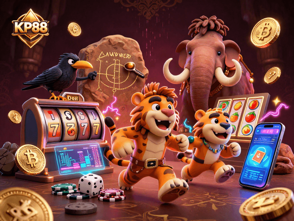Experience KP88 with our vibrant 3D caveman casino featuring dynamic slot reels and Bitcoin elements.