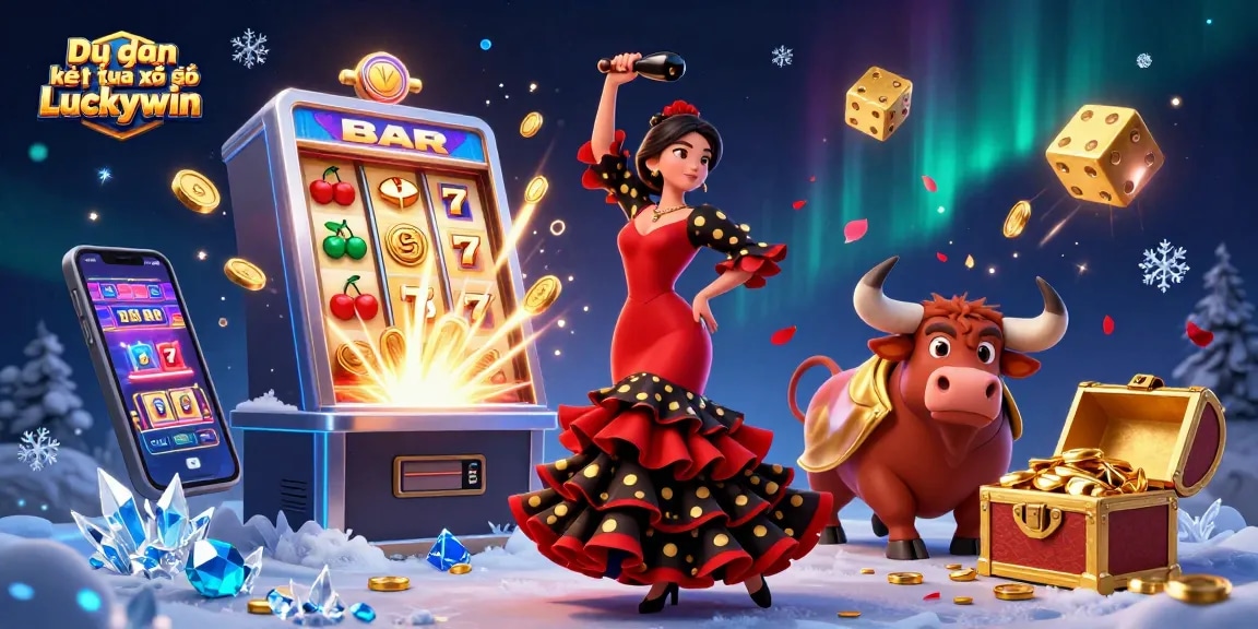 Dự đoán kết quả xổ số Luckywin showcases vibrant casino scene with flamenco dancer and lucky symbols.