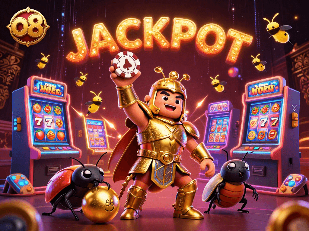 Win big at o8 with vibrant casino scenes featuring beetles and jackpot elements.