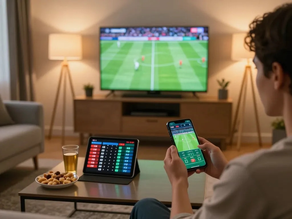 Informed sports bettor analyzing odds on Bongdallu app during a football game.