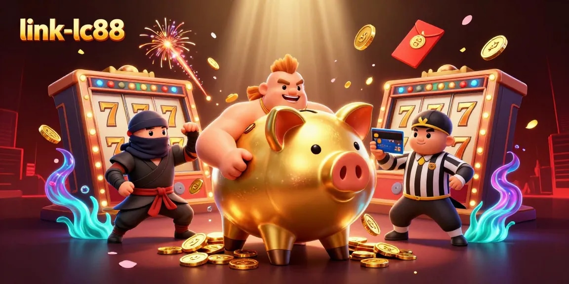 Engage with link-lc88 in a vibrant casino scene featuring a lively golden piggy bank sumo wrestler.