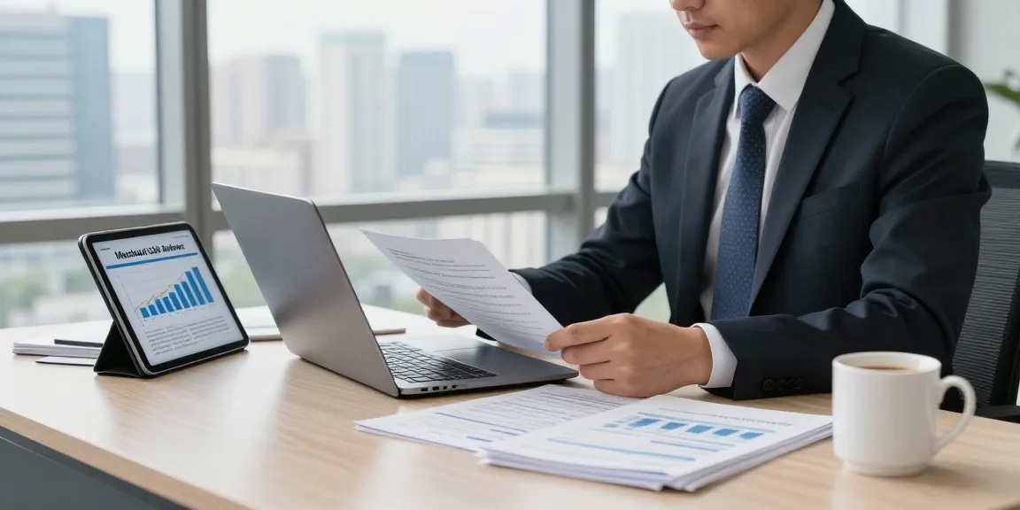 Business professional reviewing documents for same day merchant cash advance in modern office.