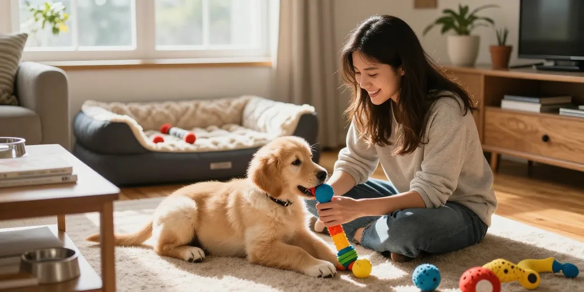 Engaging scene with rokok88 login featuring a pet owner playing with their dog in a cozy living room.
