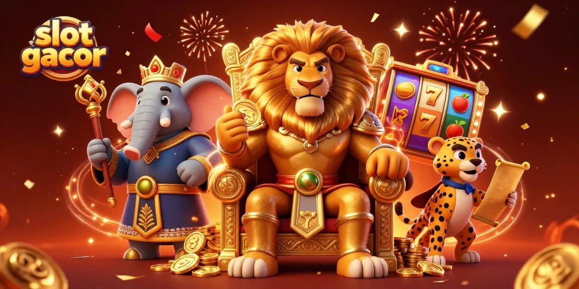 Experience thrilling slot gacor action with a lion king and friends amidst vibrant casino elements.