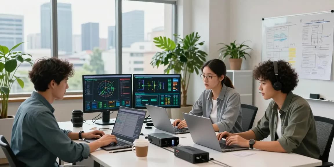 Expert business IT support professionals collaborating to solve tech issues in a modern office setting.