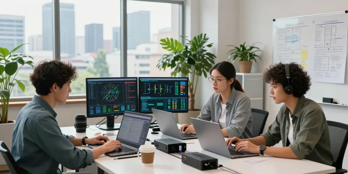 Expert business IT support professionals collaborating to solve tech issues in a modern office setting.