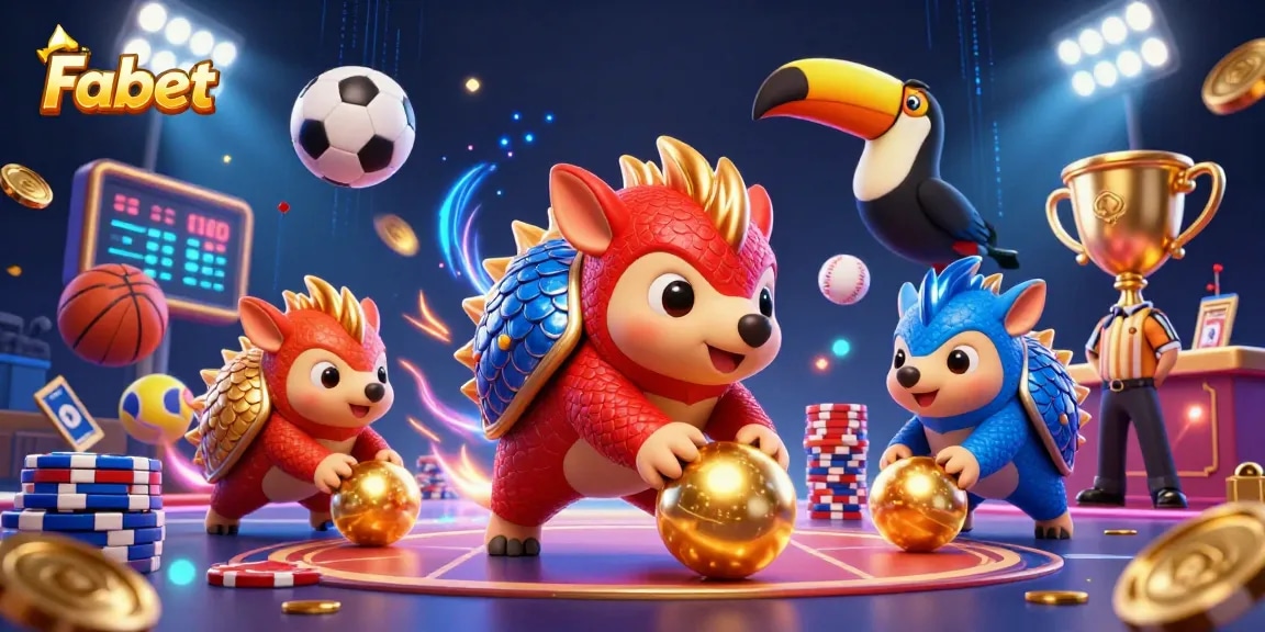 Fabet features rival pangolins bowling through poker chips in a vibrant 3D casino scene.