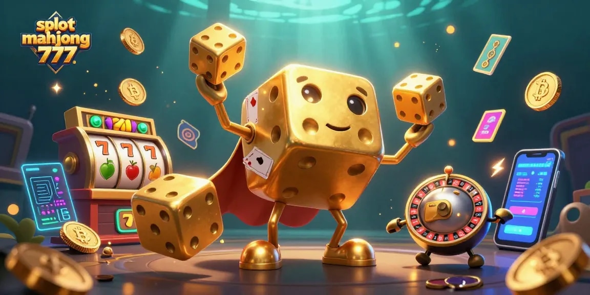 Engage with slot mahjong 777 in a vibrant 3D casino scene featuring golden dice and slot elements.