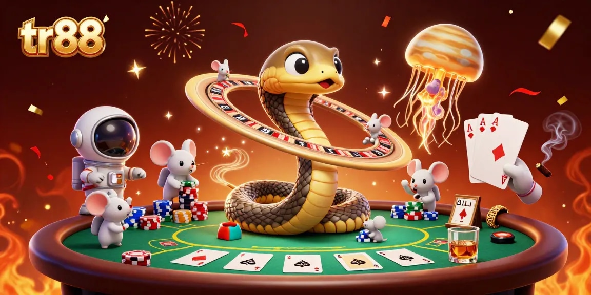 Engaging cosmic scene showcasing tr88's exciting betting experience with cartoon characters and casino elements.
