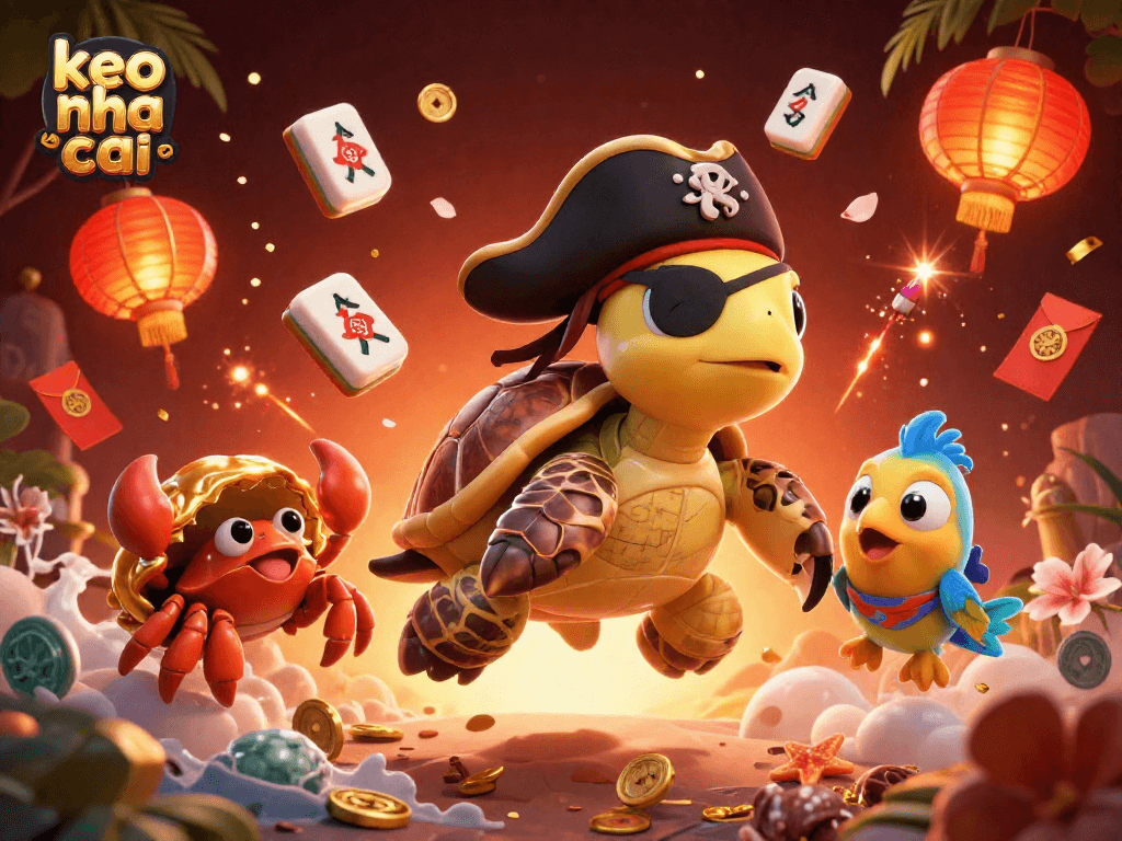 Engage in excitement with keo nha cai as a pirate turtle discovers treasure amidst casino elements.