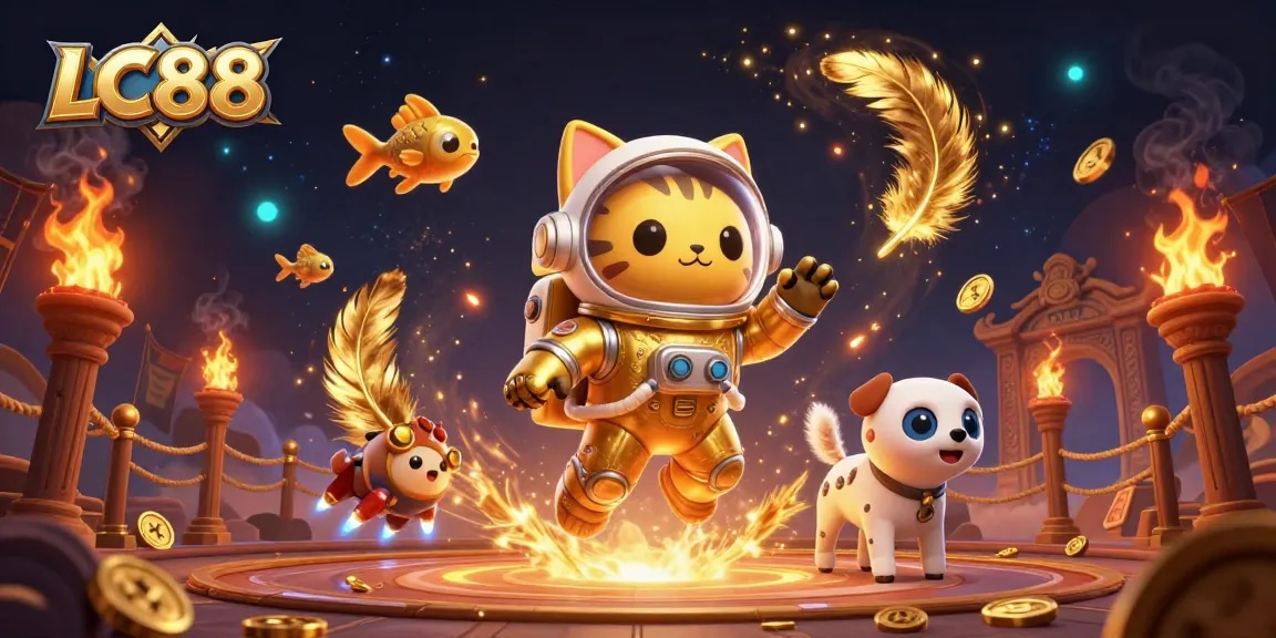 Experience thrilling gaming excitement with a vibrant LC88 casino illustration featuring an astronaut cat and robot dog.