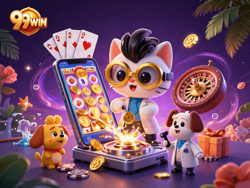 Experience winning excitement with 99WIN's vibrant casino scene featuring dynamic characters and games.