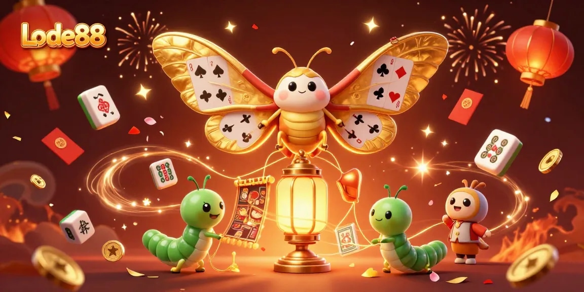 Lode88 celebrates with a vibrant scene of a 3D atlas moth and casino-themed elements