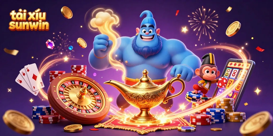Tài xỉu sunwin comes alive with a genie, monkey, and magic carpet in a vibrant casino scene.