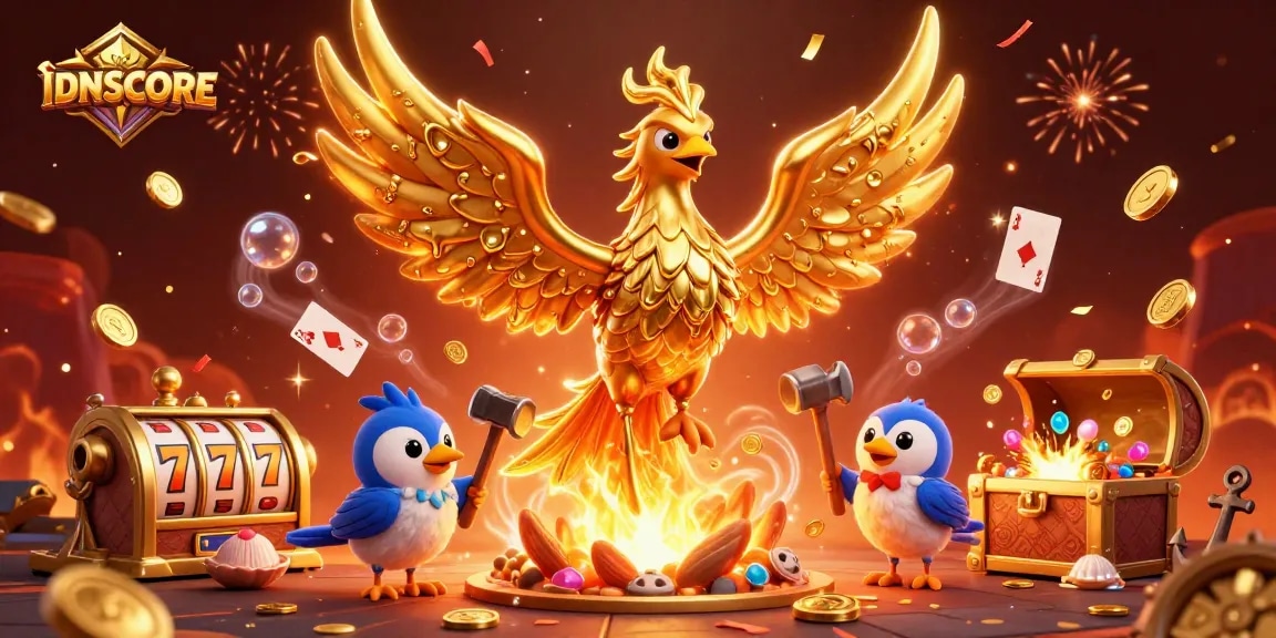 Experience the thrill of IDNSCORE with a vivid casino-themed illustration showcasing winning moments and vibrant symbols.
