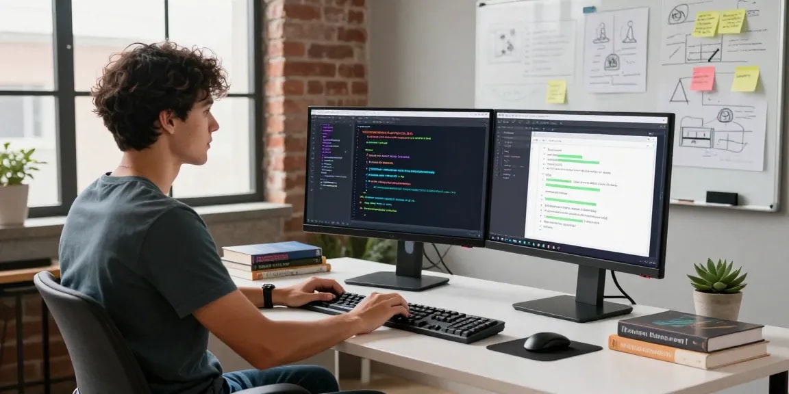 Build internal tools with AI in a vibrant modern workspace showcasing a developer coding.