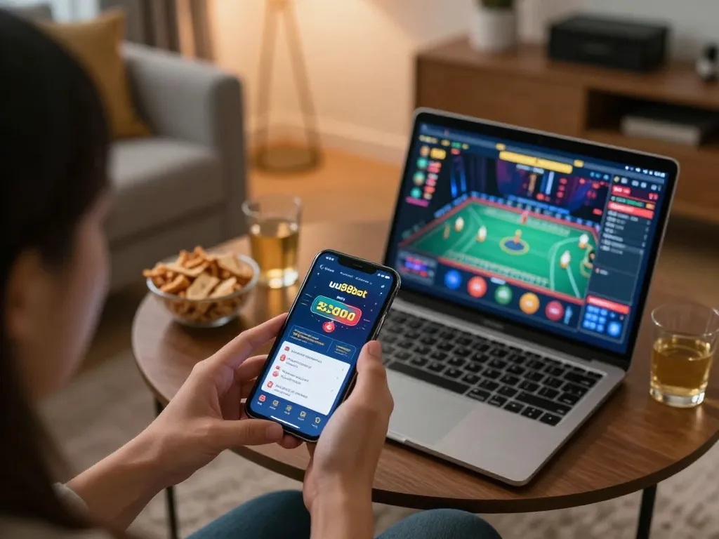 Player enjoying uu88bet app on smartphone at home, showcasing online gaming experience.