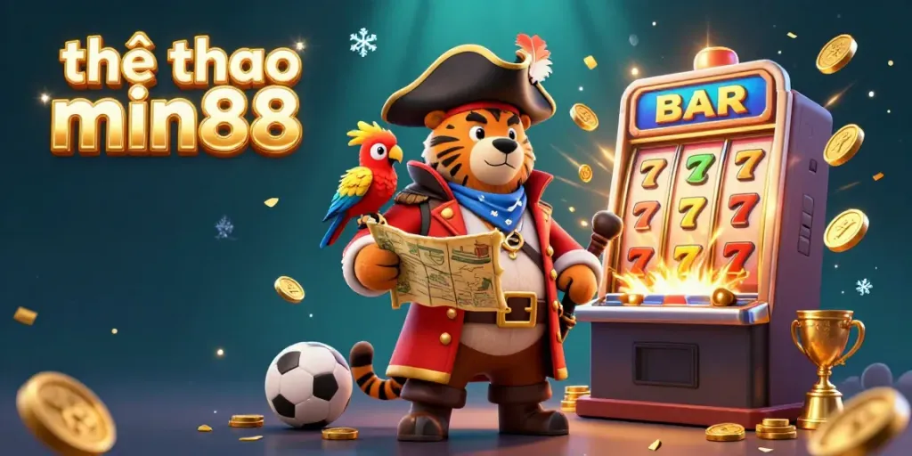 Engage with thể thao min88 in this vibrant scene featuring a pirate captain bear alongside sports-themed elements.