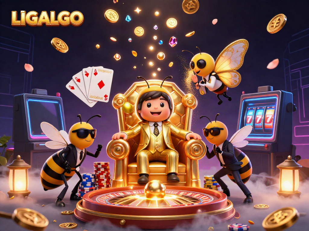LIGALGO showcases a vibrant 3D illustration featuring a mob boss and colorful casino elements.